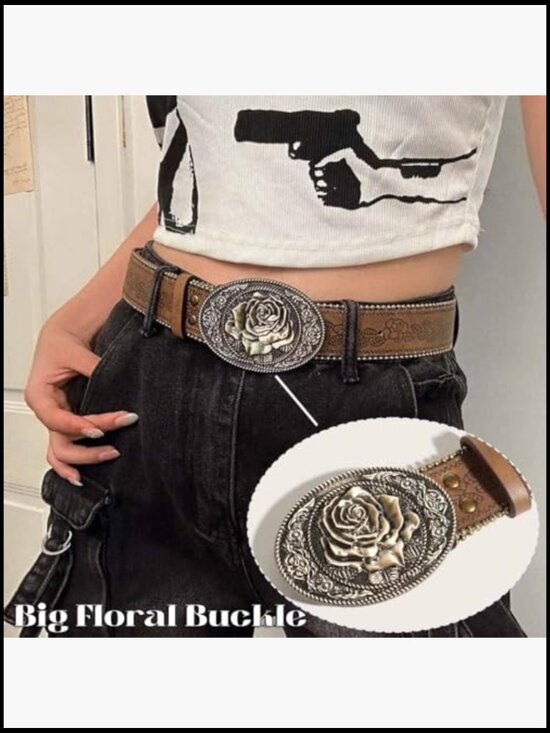 Vintage Western Belt with Heart Embossed Buckle PU Leather Adjustable main image 2